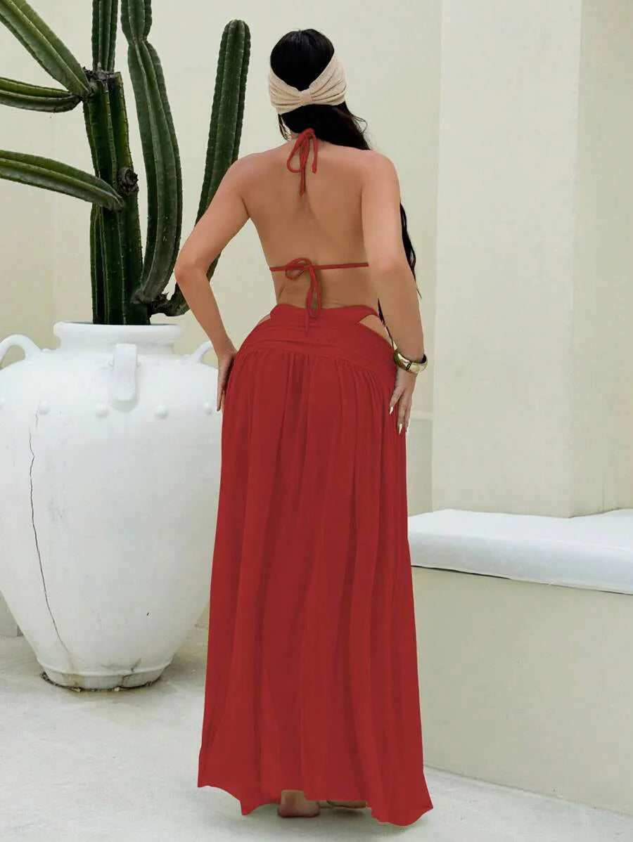 Parlak Kumaş Boyundan Bağlamalı Bikini, Asimetrik Halka Detaylı Uzun File Plaj Elbisesi
