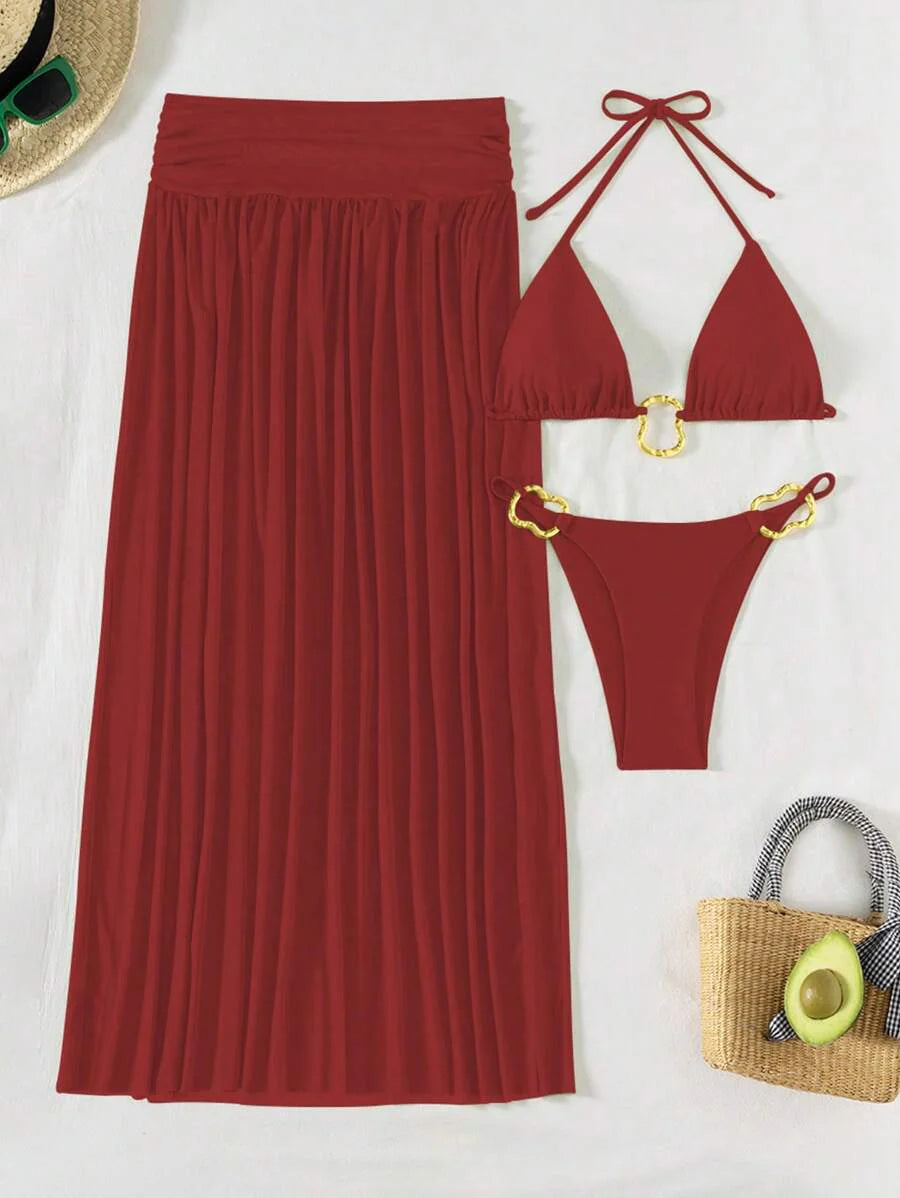 Parlak Kumaş Boyundan Bağlamalı Bikini, Asimetrik Halka Detaylı Uzun File Plaj Elbisesi
