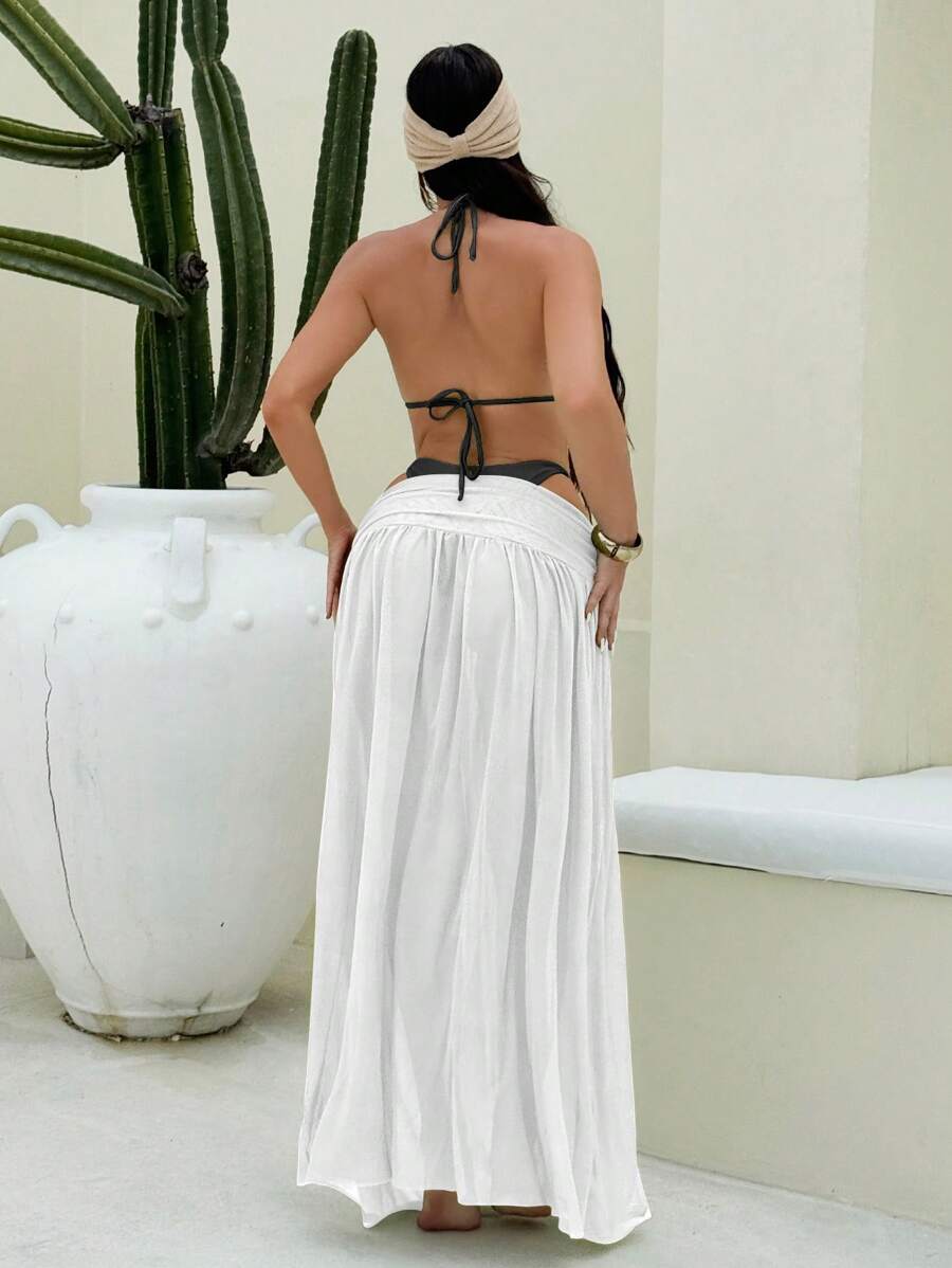Parlak Kumaş Boyundan Bağlamalı Bikini, Asimetrik Halka Detaylı Uzun File Plaj Elbisesi