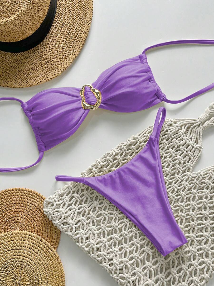 Pembe Straplez Bağcıklı Metal Detaylı Bikini Takımı