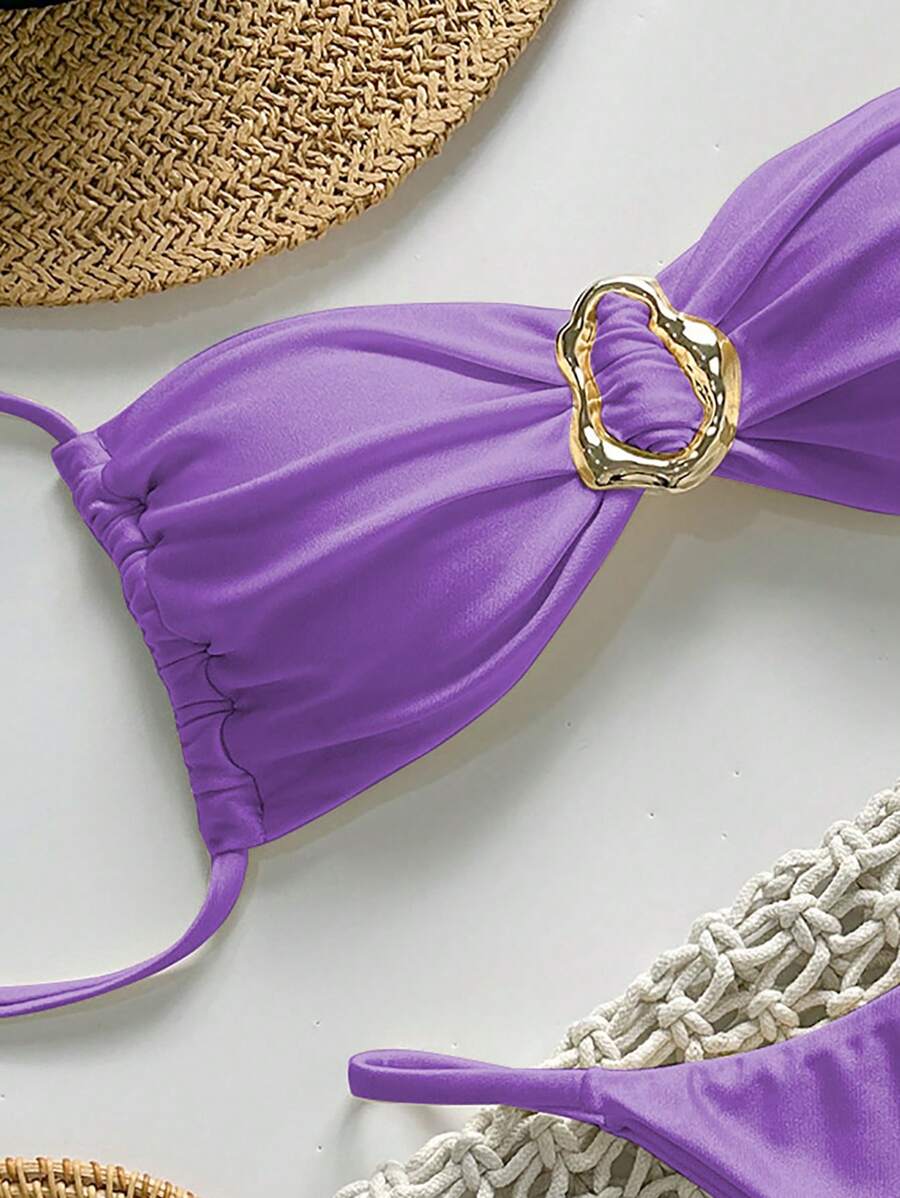 Pembe Straplez Bağcıklı Metal Detaylı Bikini Takımı