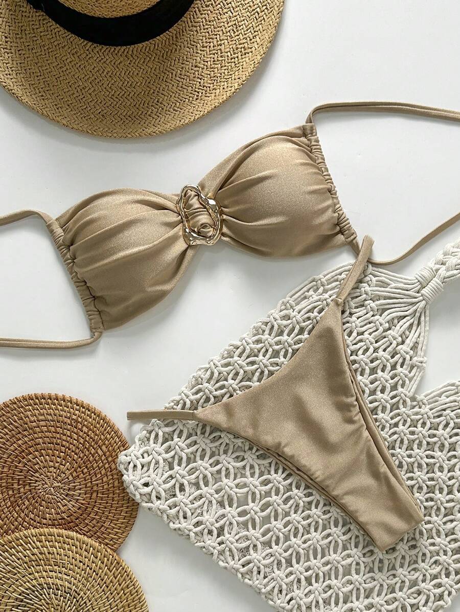 Pembe Straplez Bağcıklı Metal Detaylı Bikini Takımı