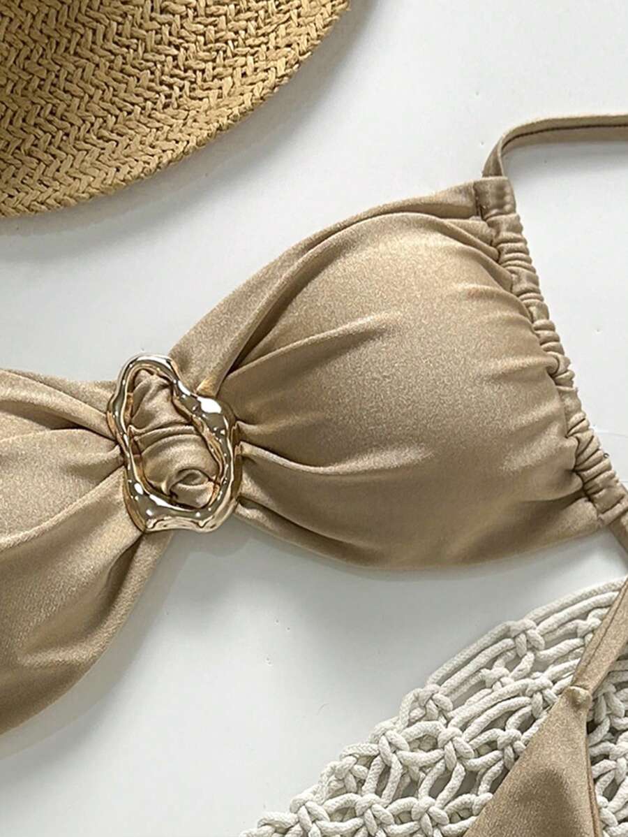 Pembe Straplez Bağcıklı Metal Detaylı Bikini Takımı
