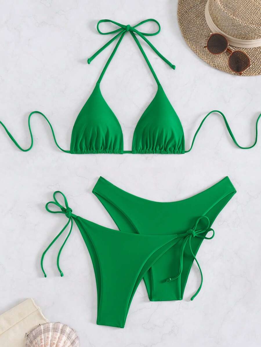 3 Parça Halter Üst + Üçgen Alt + Bağcıklı Şort Bikini Takımı