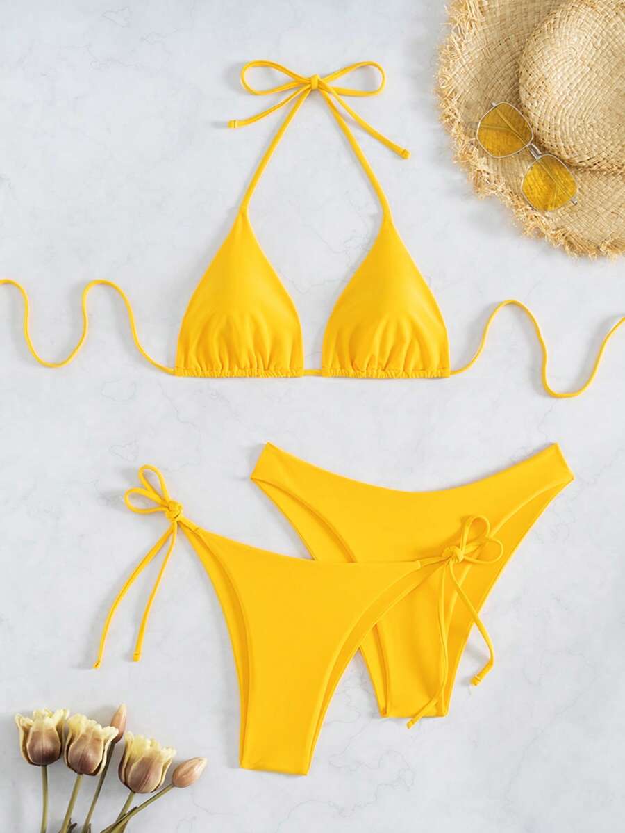 3 Parça Halter Üst + Üçgen Alt + Bağcıklı Şort Bikini Takımı