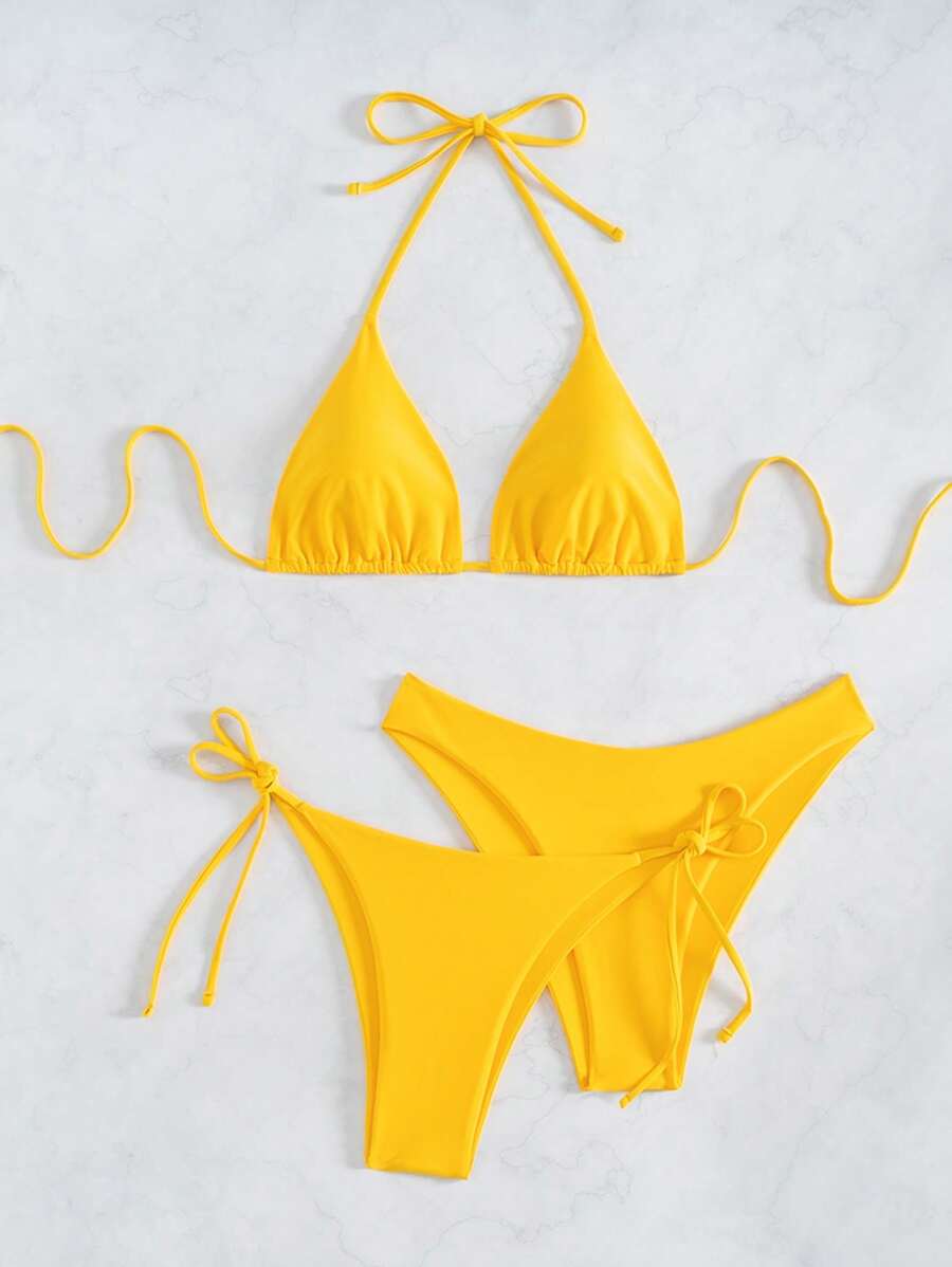 3 Parça Halter Üst + Üçgen Alt + Bağcıklı Şort Bikini Takımı