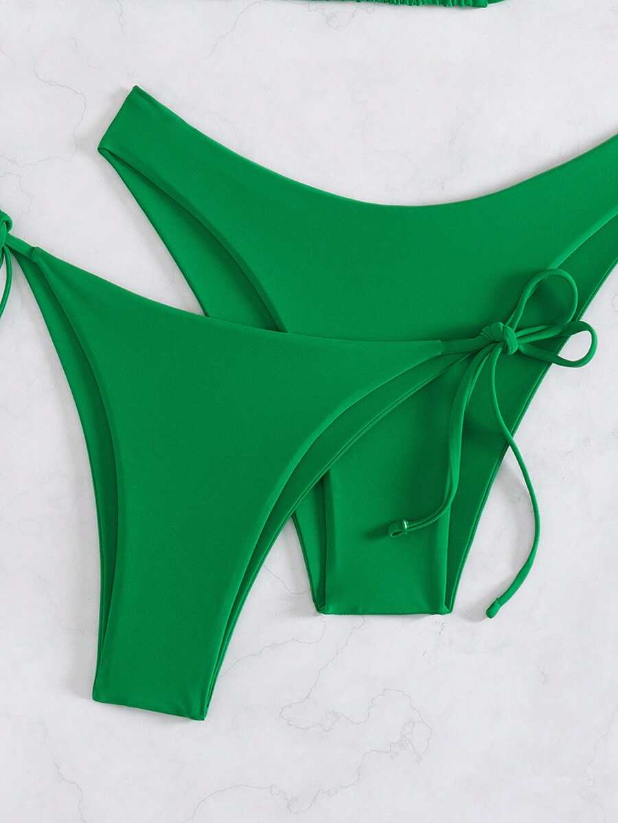 3 Parça Halter Üst + Üçgen Alt + Bağcıklı Şort Bikini Takımı