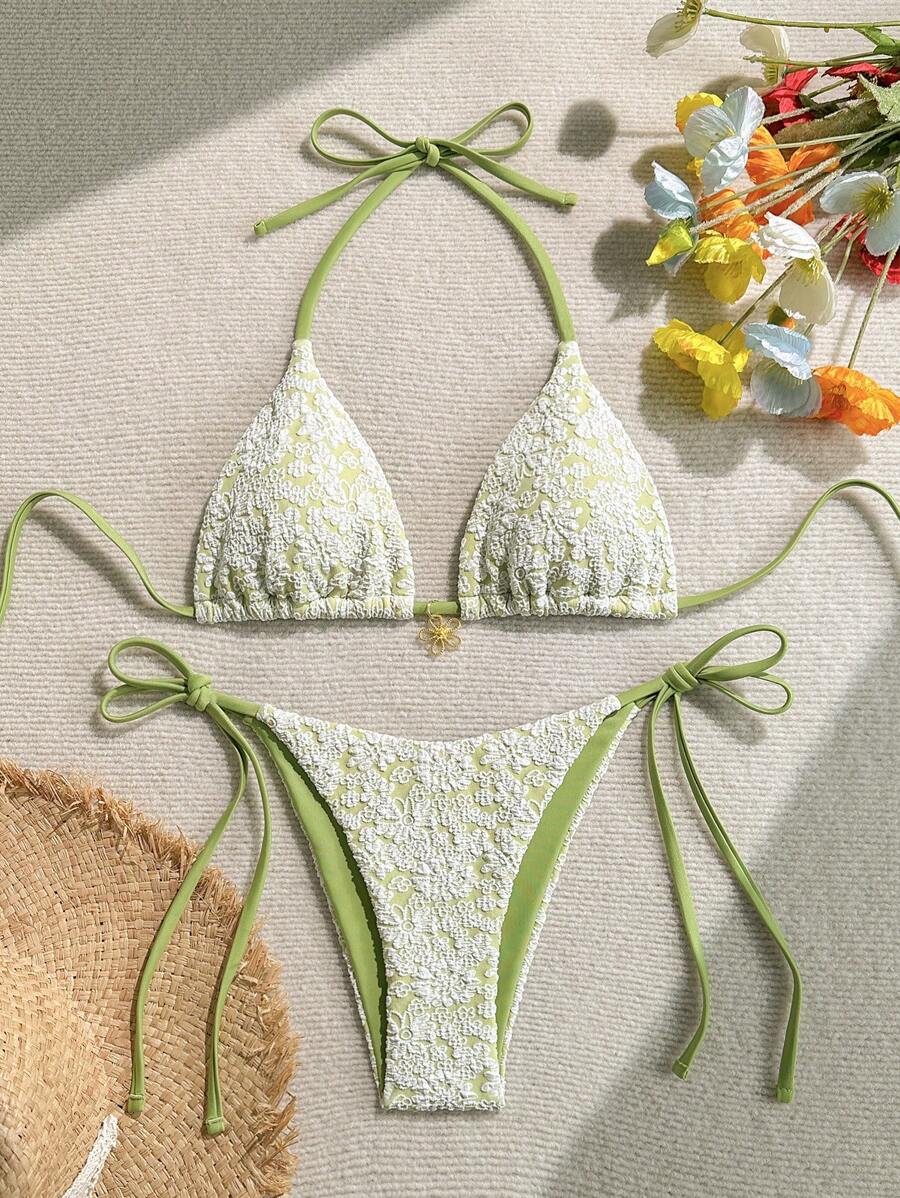 Altın Çiçek Desenli Üçgen Bikini Takımı