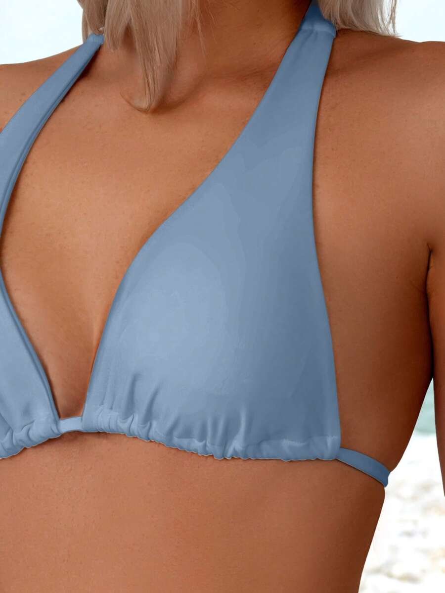 Düz Renk Halter Bağcıklı Bikini Takımı