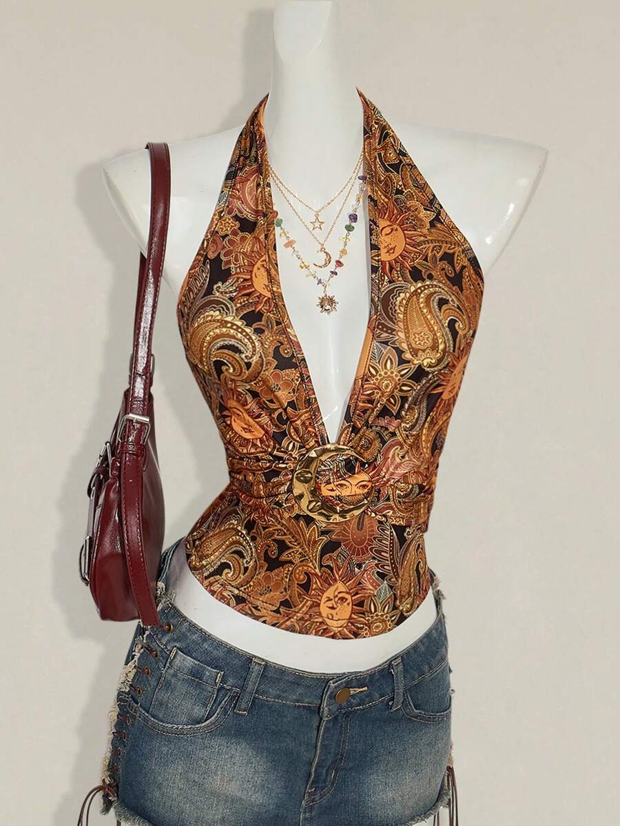 Paisley Desenli Askılı Sırtı Açık Üst