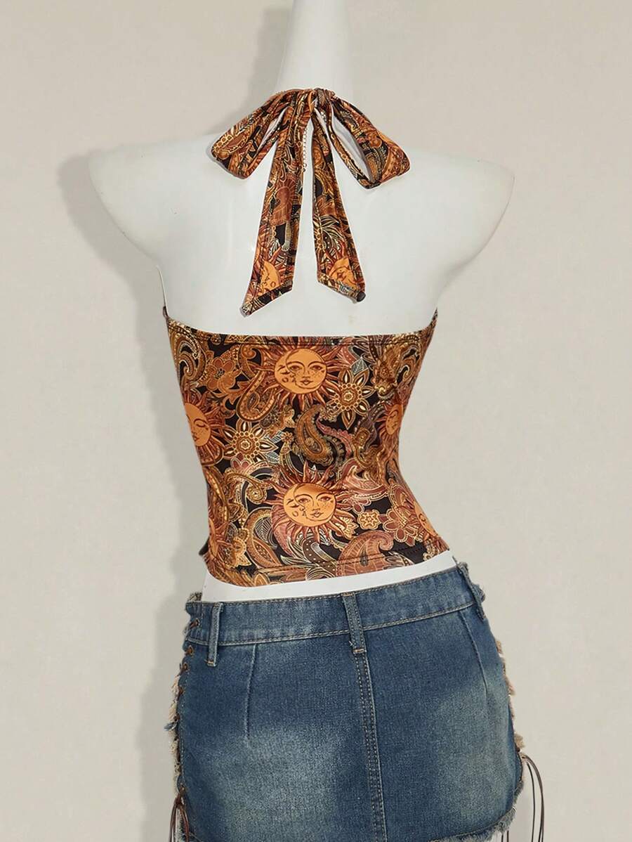 Paisley Desenli Askılı Sırtı Açık Üst