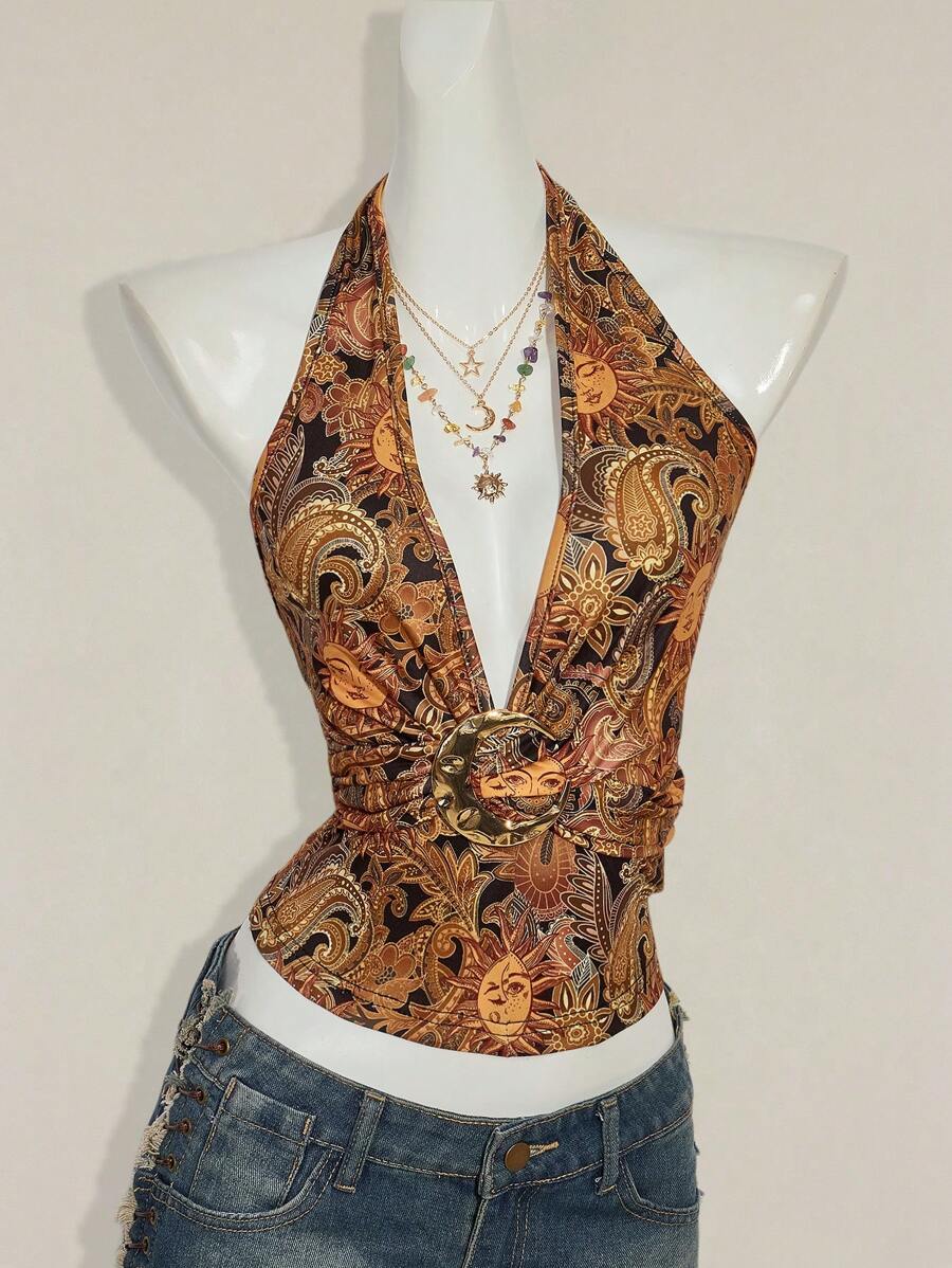 Paisley Desenli Askılı Sırtı Açık Üst