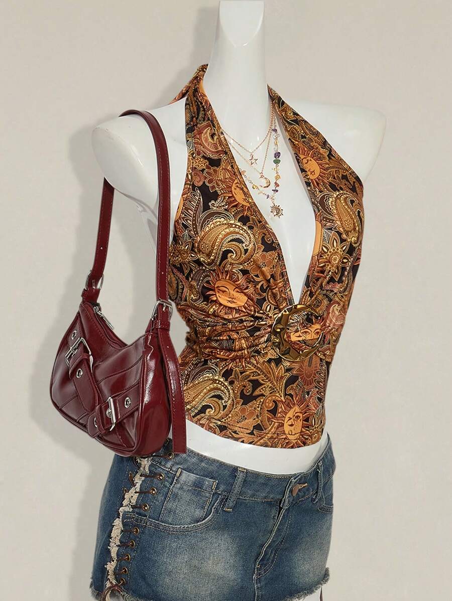 Paisley Desenli Askılı Sırtı Açık Üst