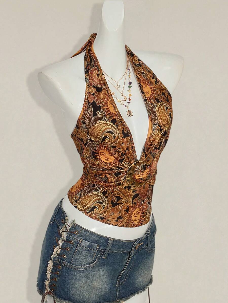 Paisley Desenli Askılı Sırtı Açık Üst