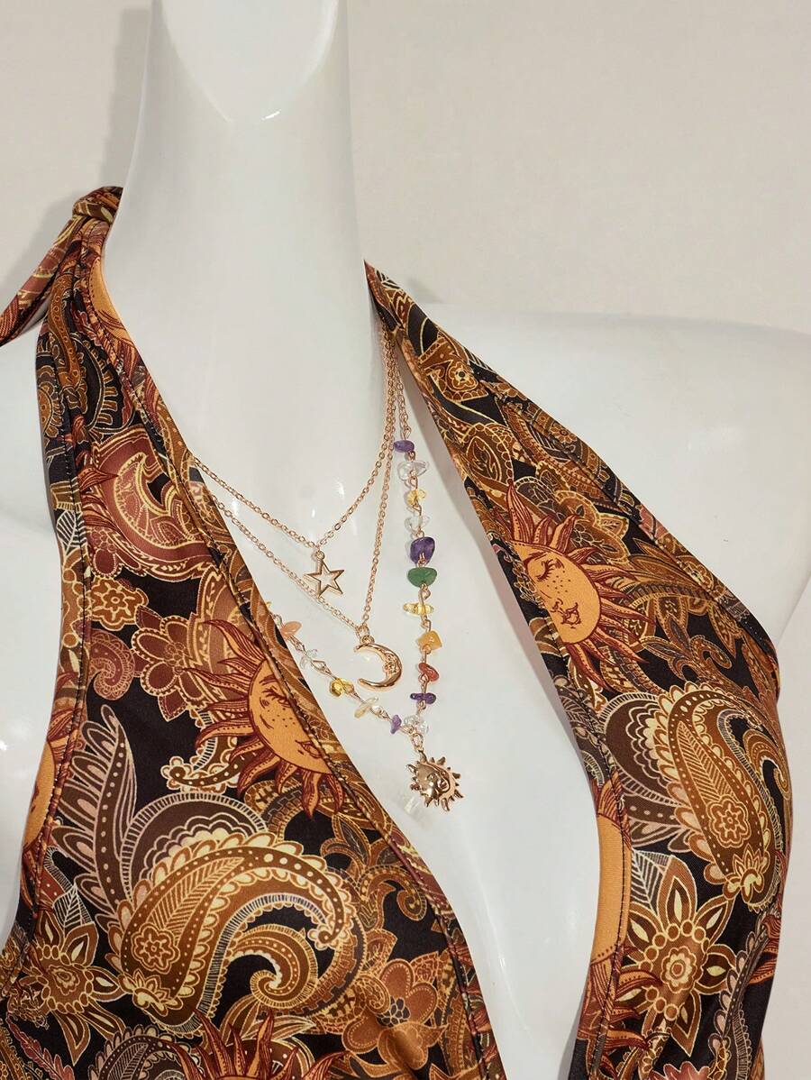 Paisley Desenli Askılı Sırtı Açık Üst