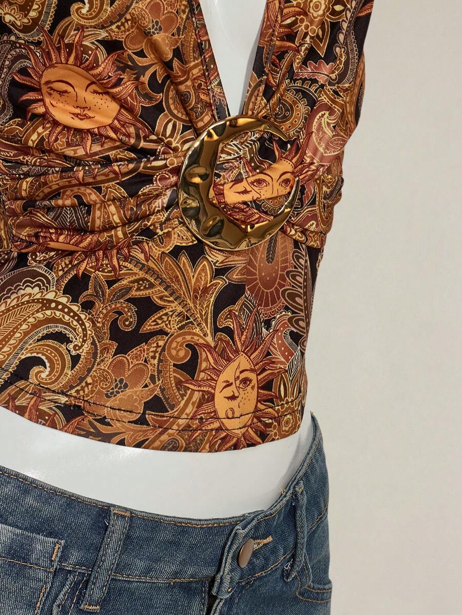 Paisley Desenli Askılı Sırtı Açık Üst