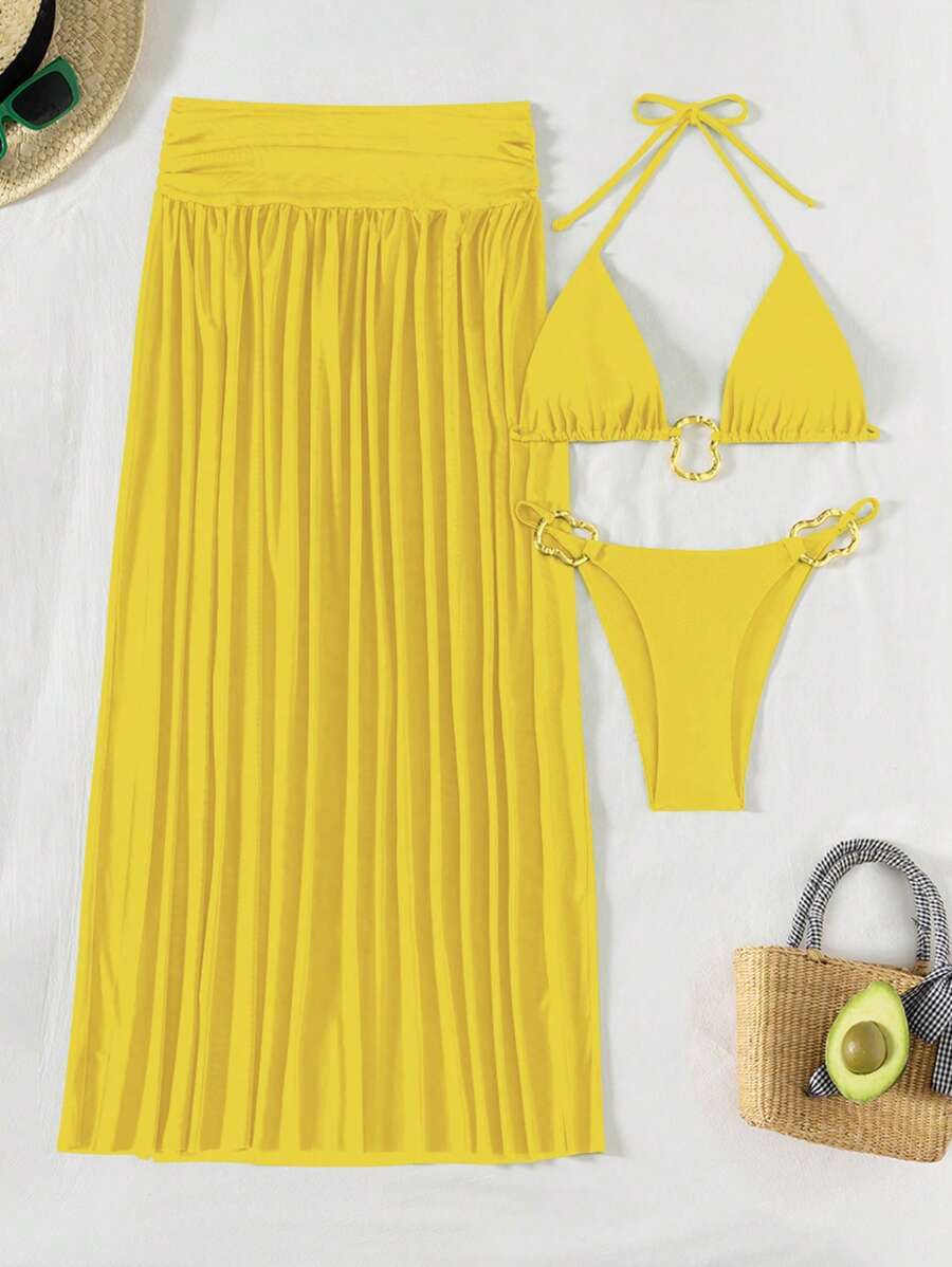Parlak Kumaş Boyundan Bağlamalı Bikini, Asimetrik Halka Detaylı Uzun File Plaj Elbisesi