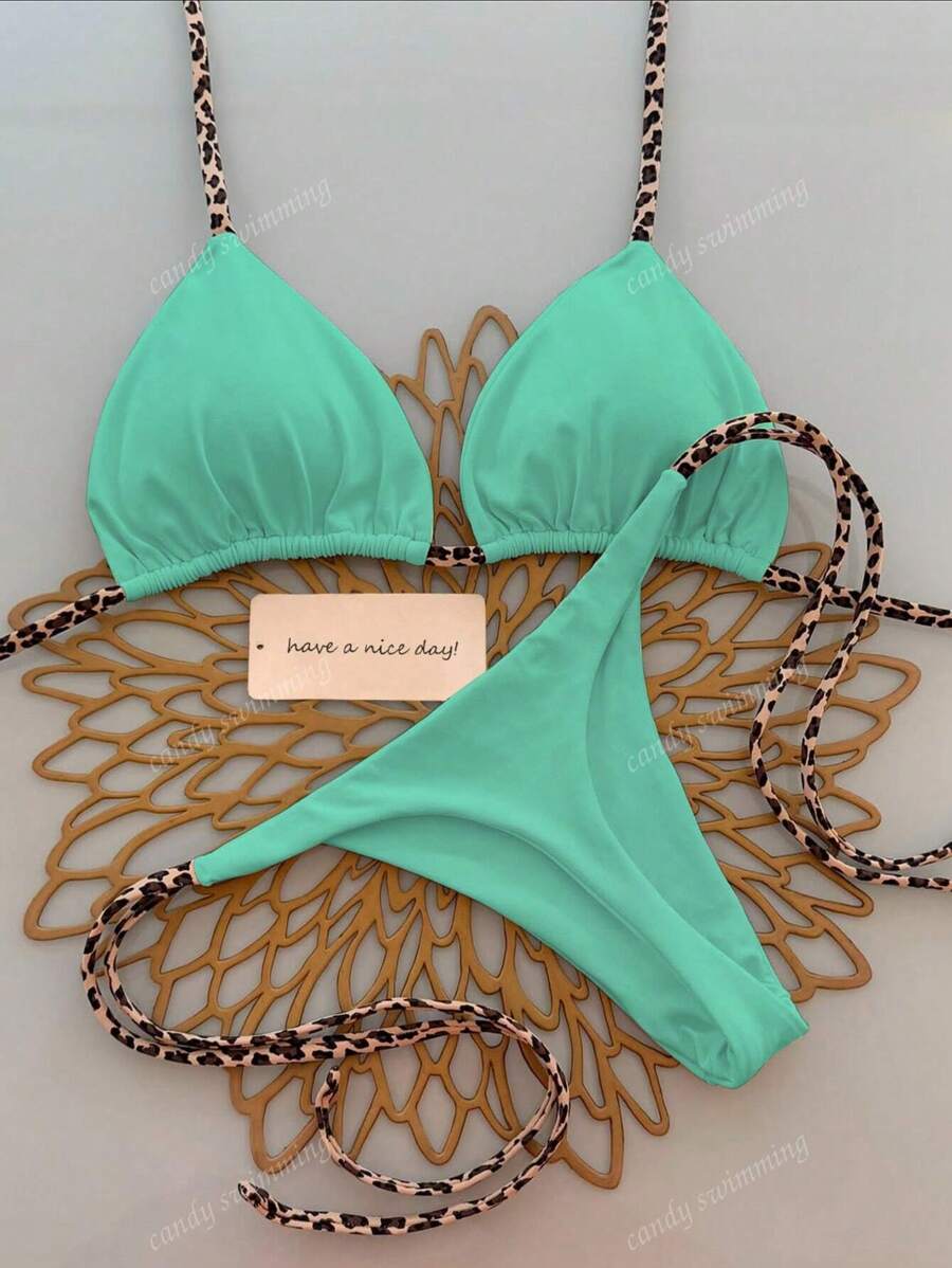 Leopar Desenli Boyundan Bağlamalı Bikini Takımı