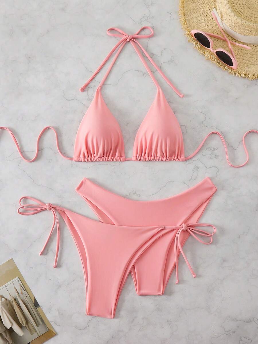 3 Parça Halter Üst + Üçgen Alt + Bağcıklı Şort Bikini Takımı