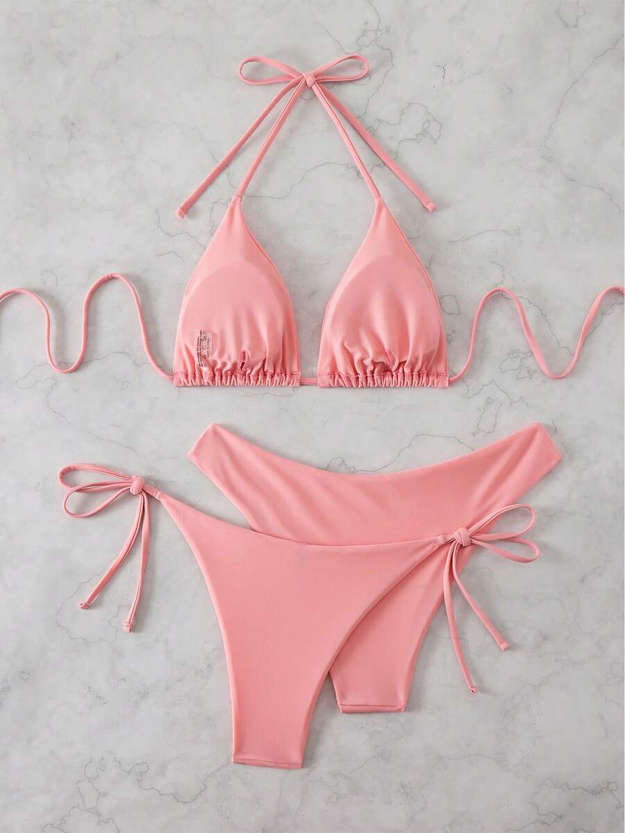 3 Parça Halter Üst + Üçgen Alt + Bağcıklı Şort Bikini Takımı