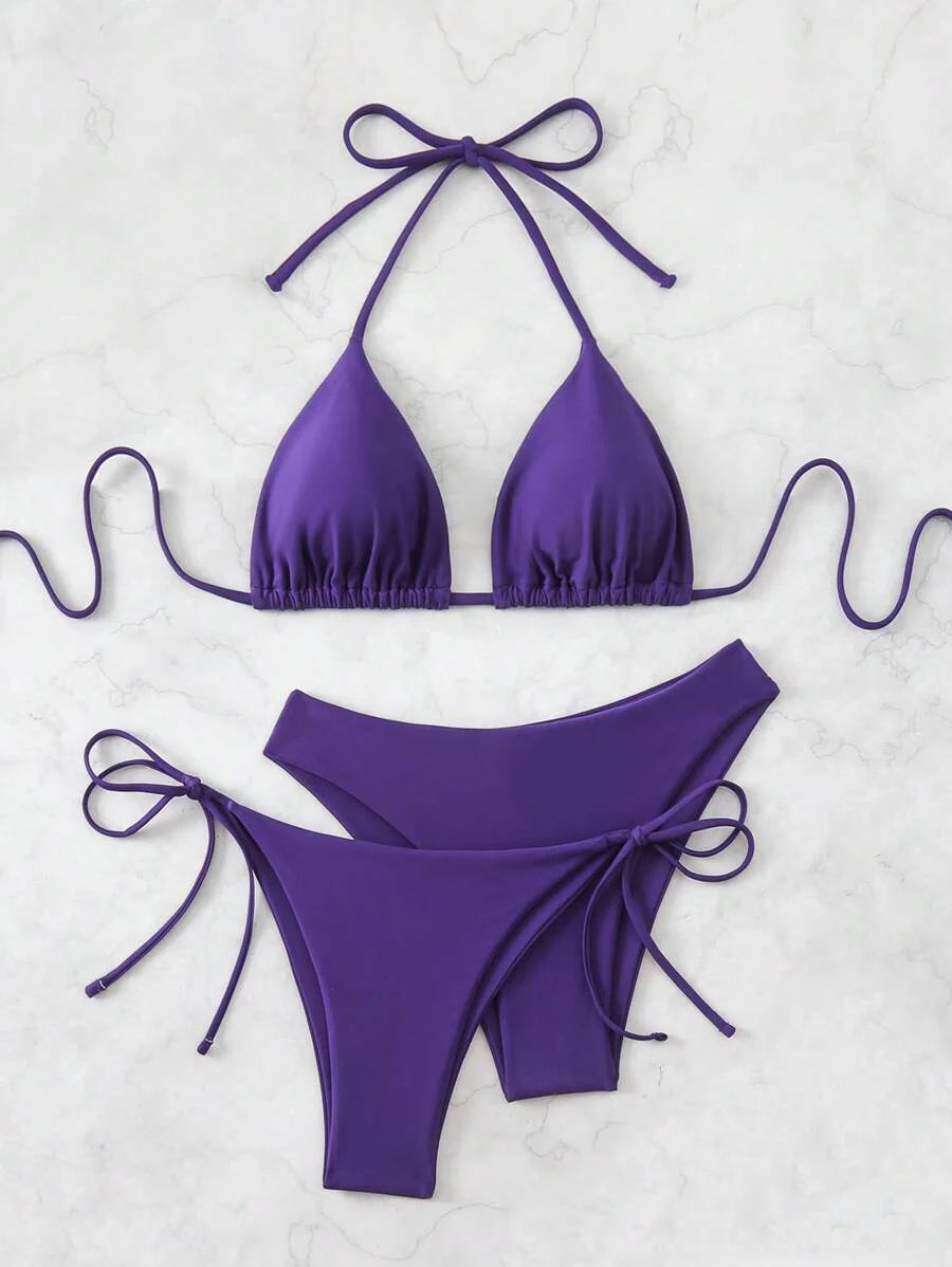 3 Parça Halter Üst + Üçgen Alt + Bağcıklı Şort Bikini Takımı