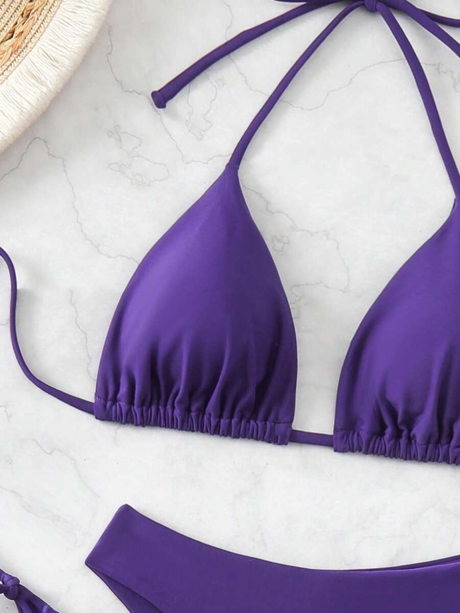 3 Parça Halter Üst + Üçgen Alt + Bağcıklı Şort Bikini Takımı
