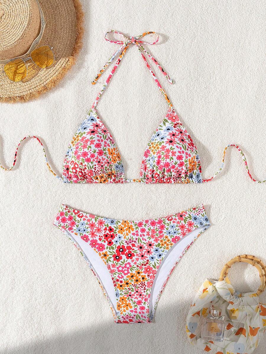 Çiçek Desenli Halter Bağcıklı Bikini Takımı