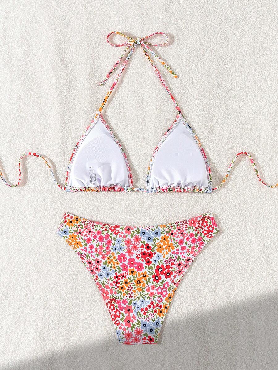 Çiçek Desenli Halter Bağcıklı Bikini Takımı