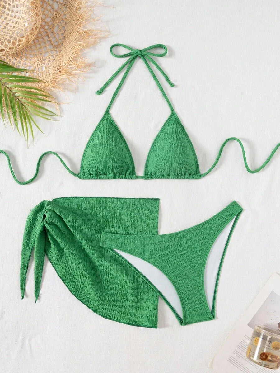 3 Parça Bikini Ve Düğümlü Mini Etek Takımı