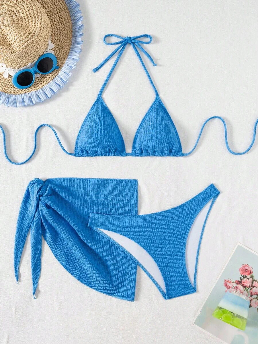 3 Parça Bikini Ve Düğümlü Mini Etek Takımı