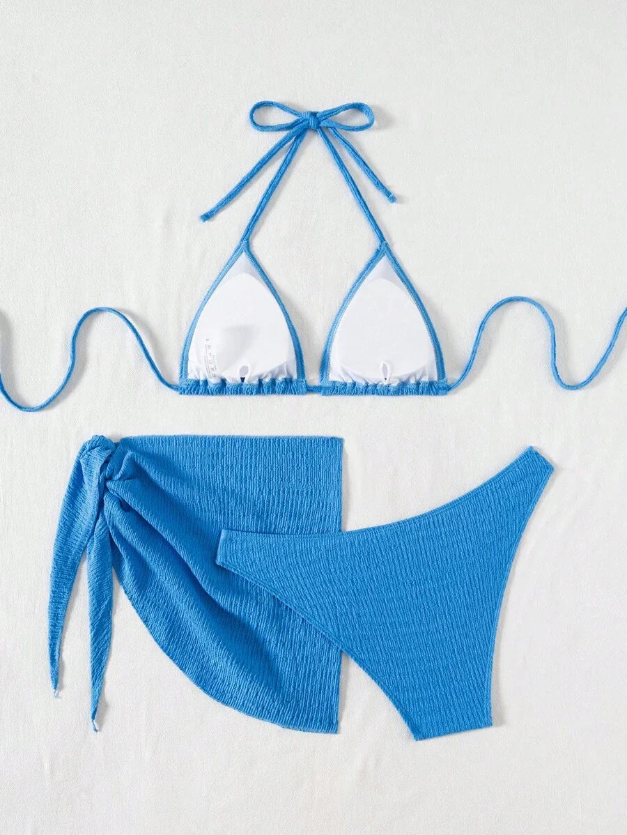 3 Parça Bikini Ve Düğümlü Mini Etek Takımı