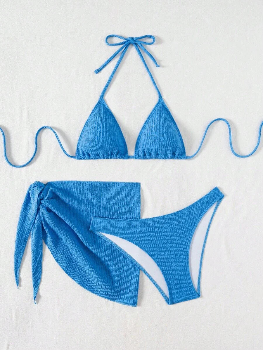 3 Parça Bikini Ve Düğümlü Mini Etek Takımı