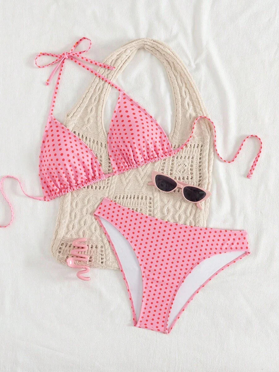 Çiçek Desenli Halter Bağcıklı Bikini Takımı