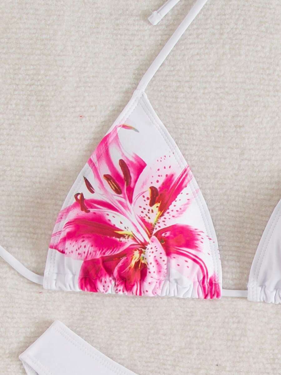 Çiçek Desenli Halter Bağcıklı Bikini Takımı
