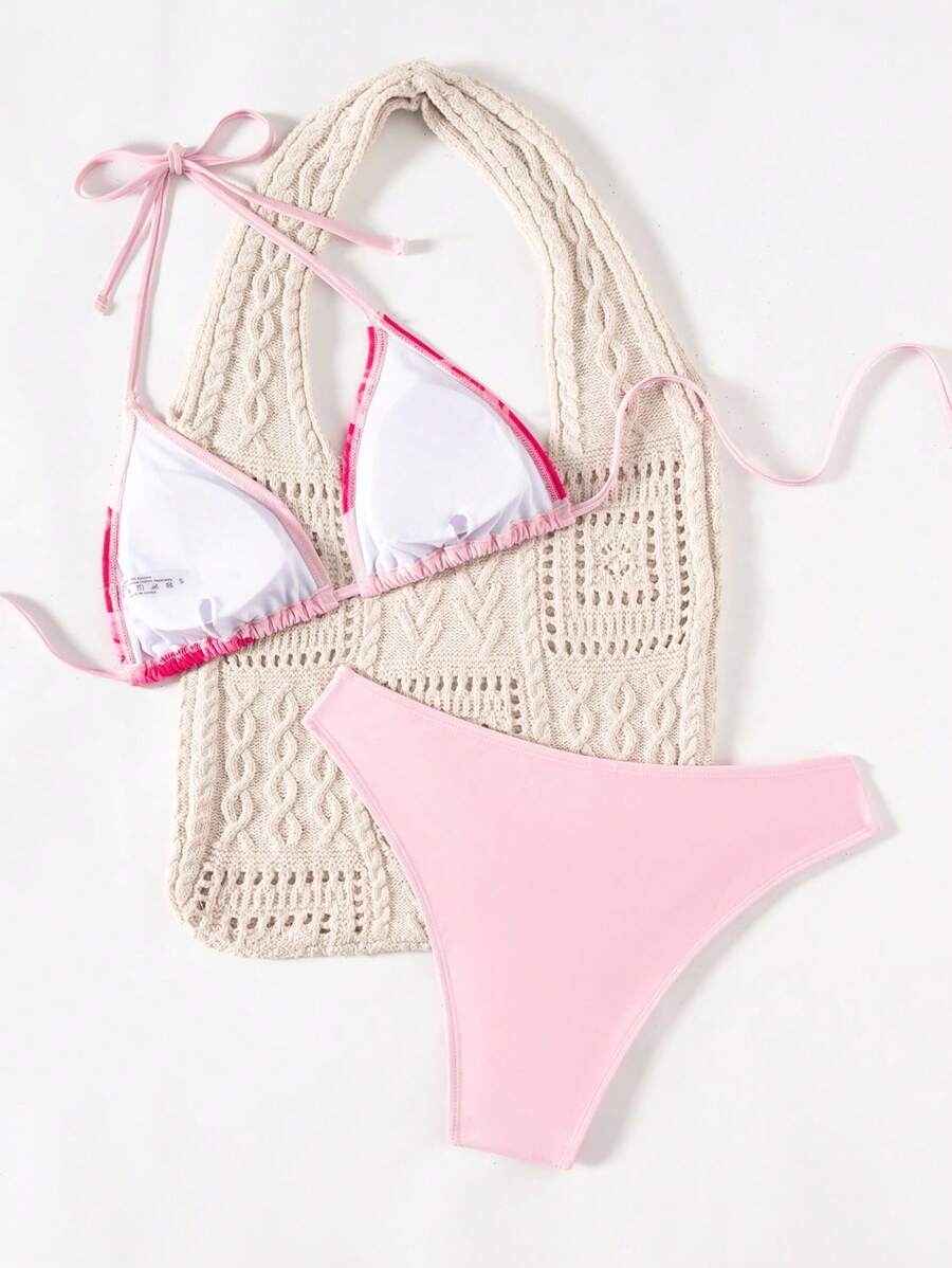 Çiçek Desenli Halter Bağcıklı Bikini Takımı