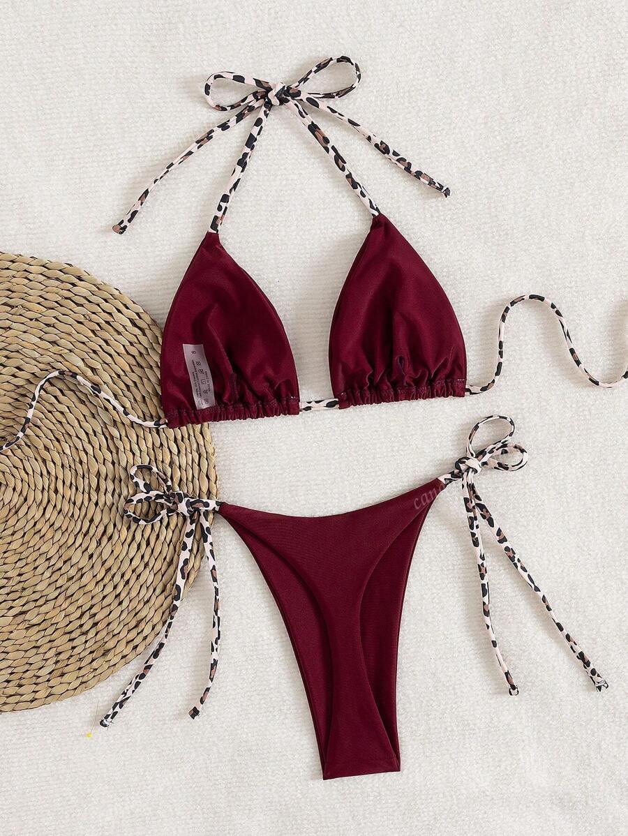 Leopar Desenli Boyundan Bağlamalı Bikini Takımı