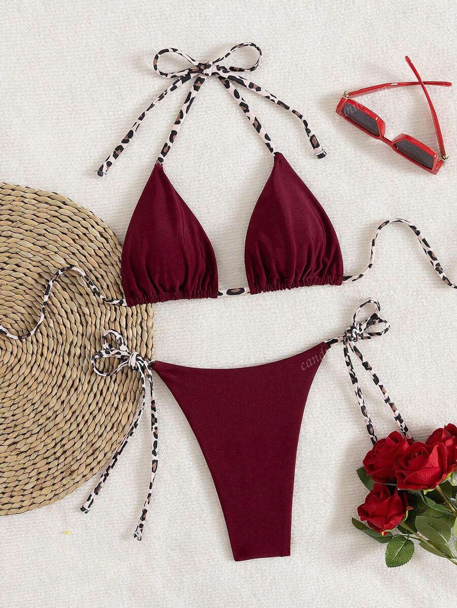 Leopar Desenli Boyundan Bağlamalı Bikini Takımı