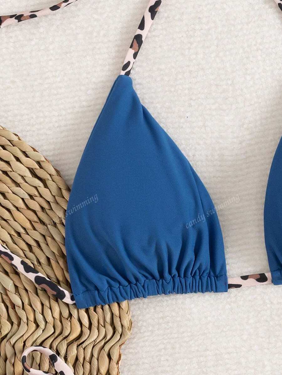 Leopar Desenli Boyundan Bağlamalı Bikini Takımı