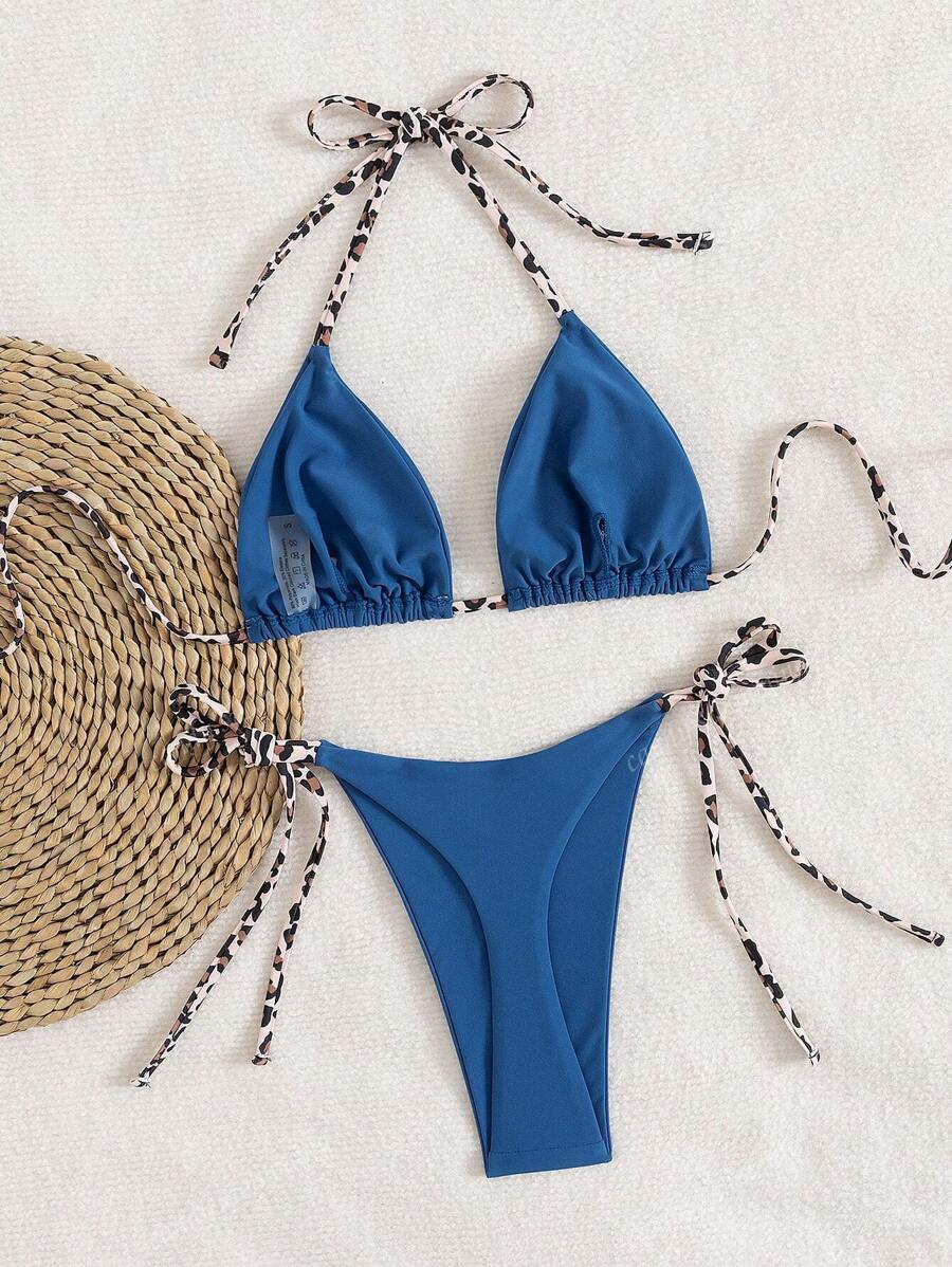 Leopar Desenli Boyundan Bağlamalı Bikini Takımı