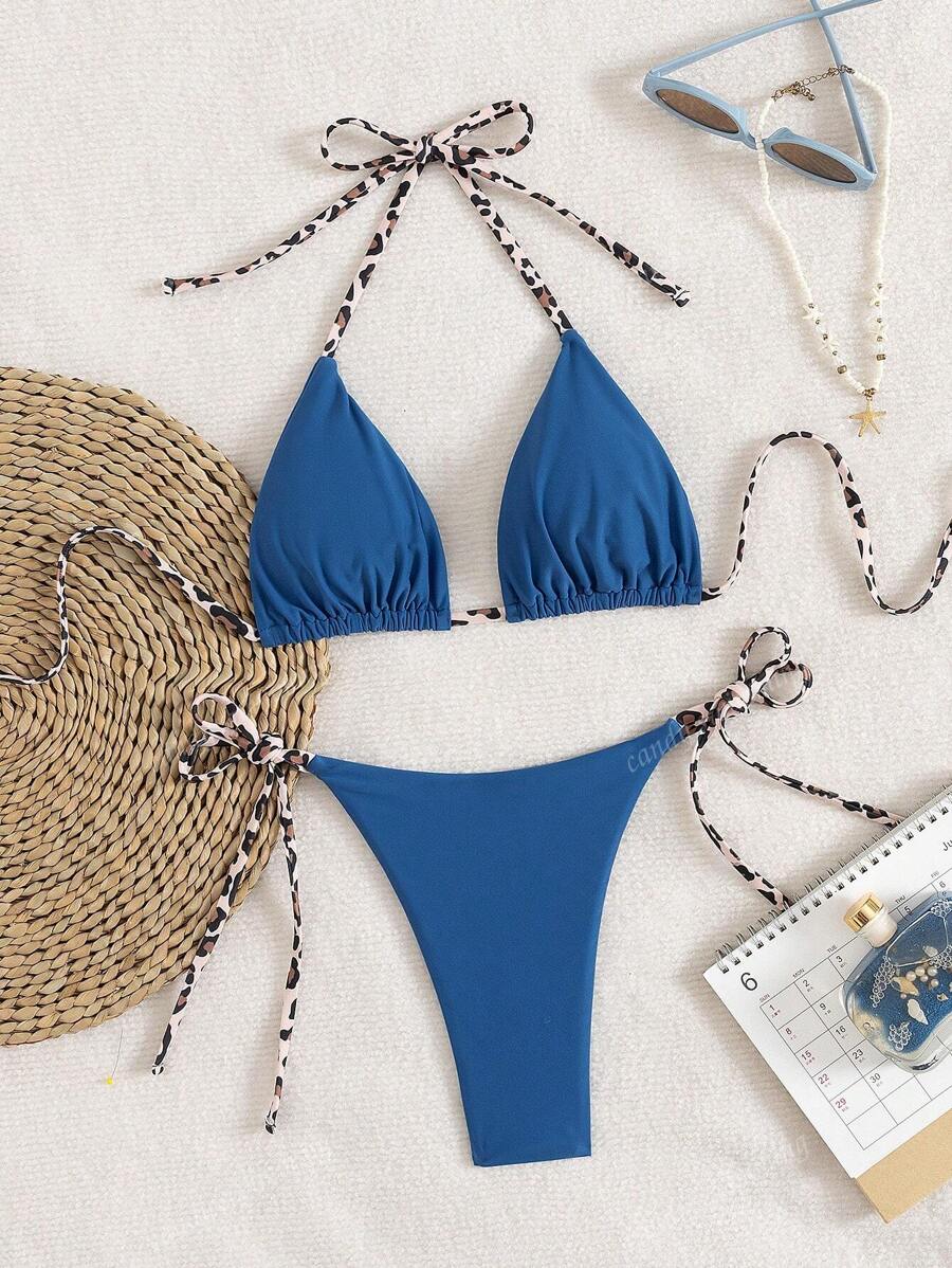 Leopar Desenli Boyundan Bağlamalı Bikini Takımı