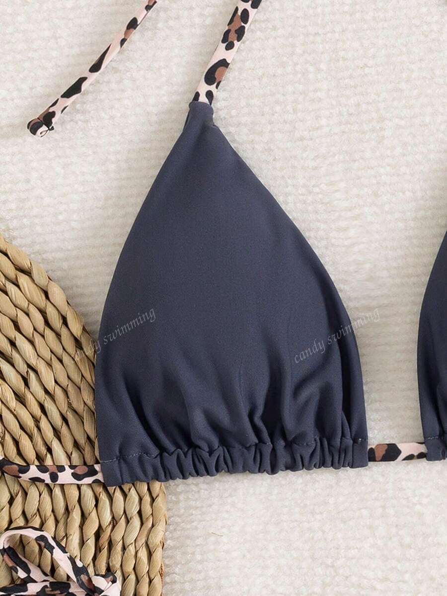 Leopar Desenli Boyundan Bağlamalı Bikini Takımı