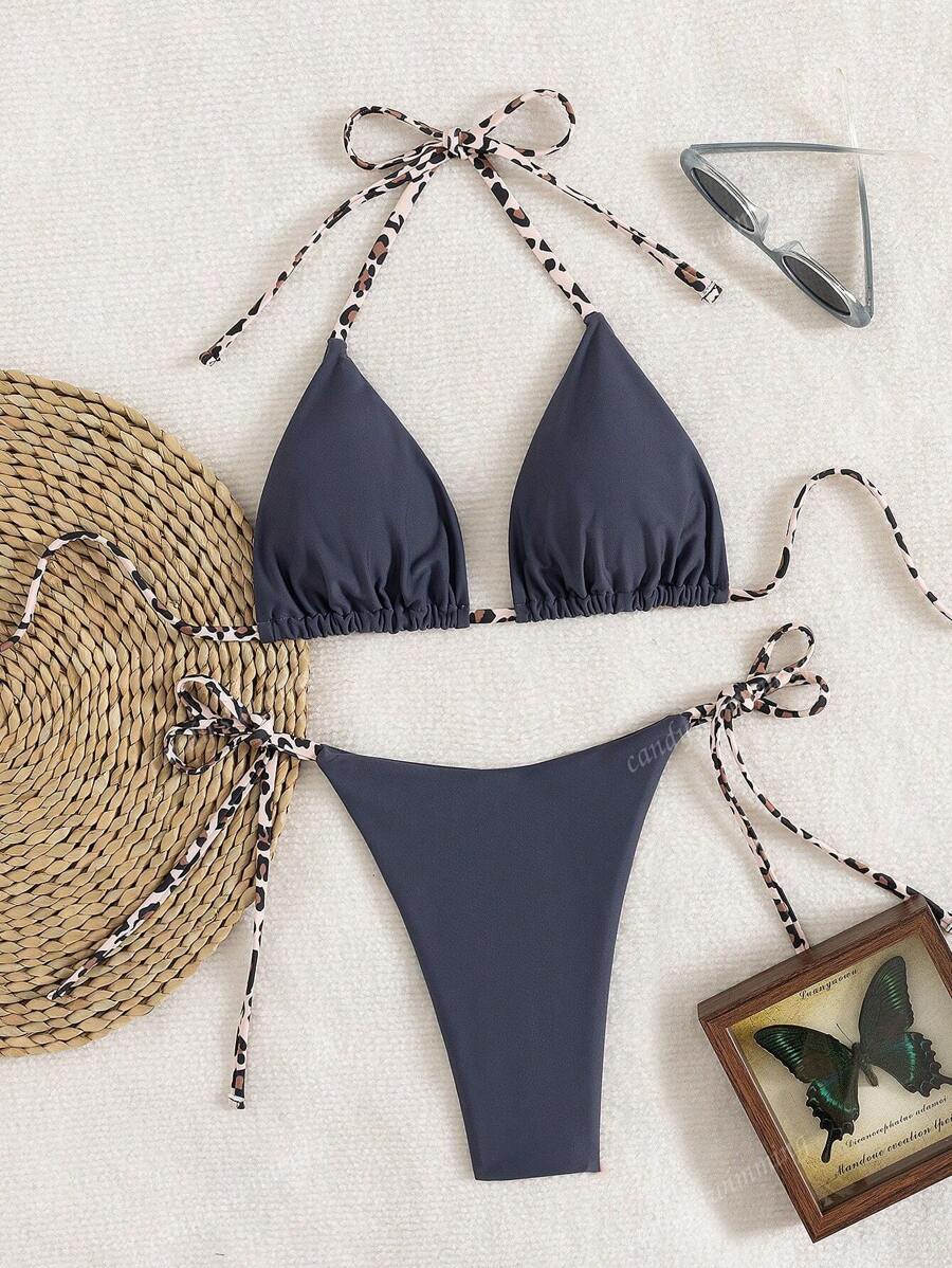 Leopar Desenli Boyundan Bağlamalı Bikini Takımı