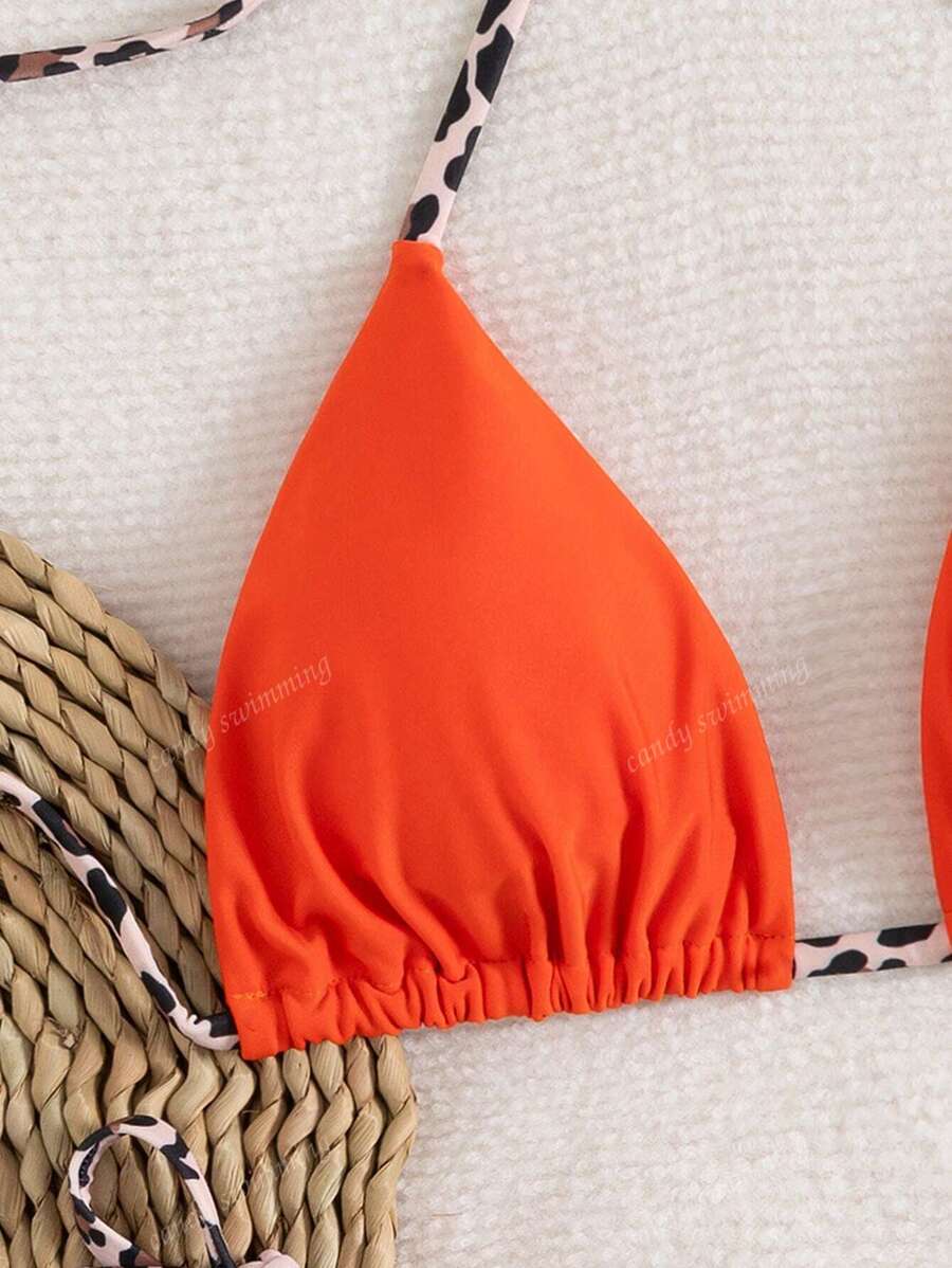 Leopar Desenli Boyundan Bağlamalı Bikini Takımı
