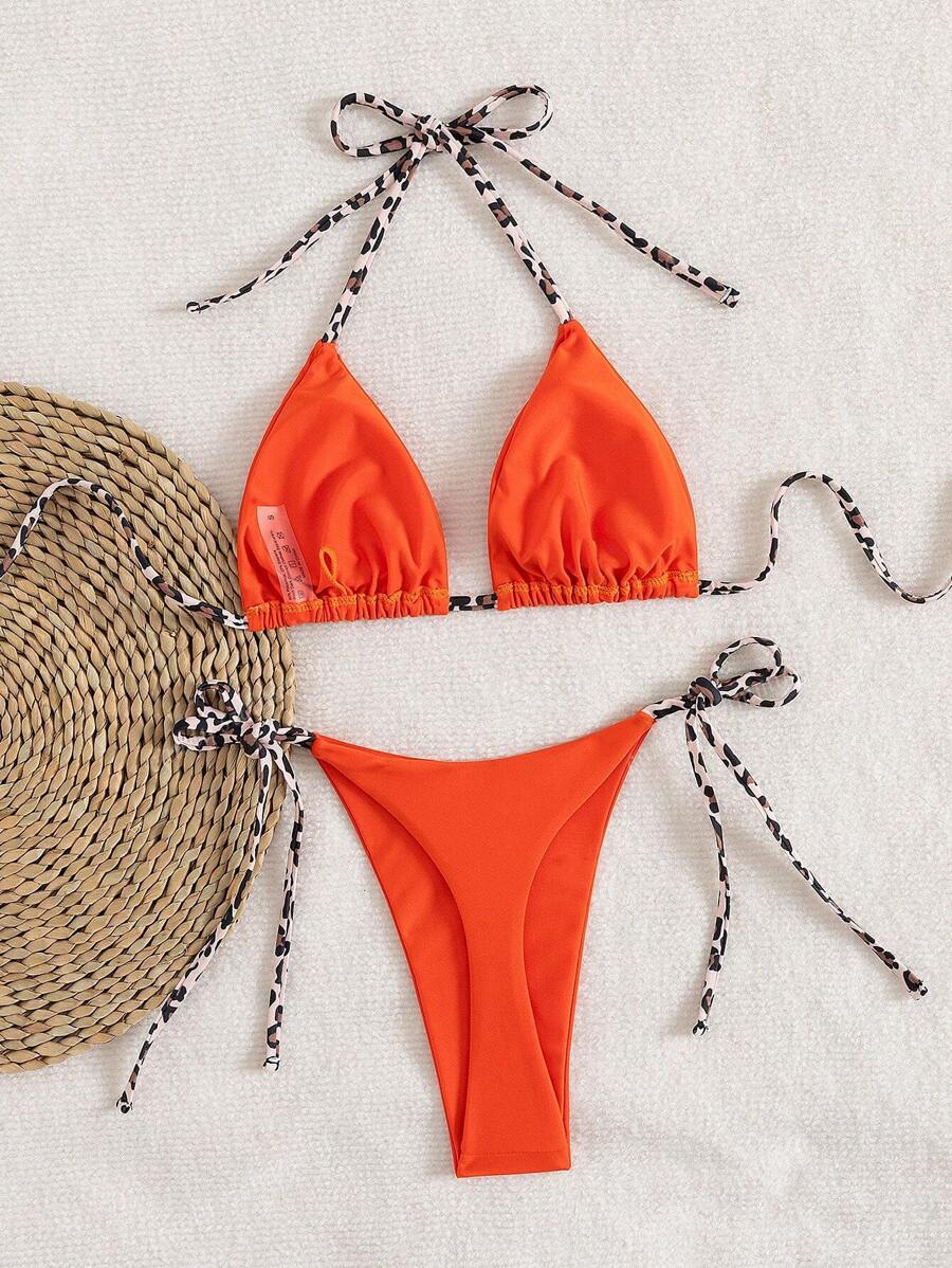 Leopar Desenli Boyundan Bağlamalı Bikini Takımı