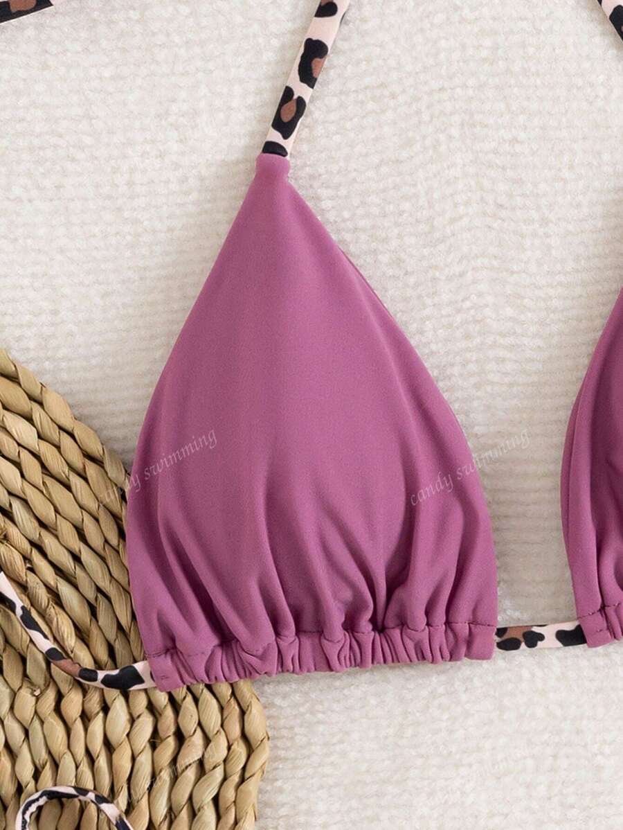 Leopar Desenli Boyundan Bağlamalı Bikini Takımı