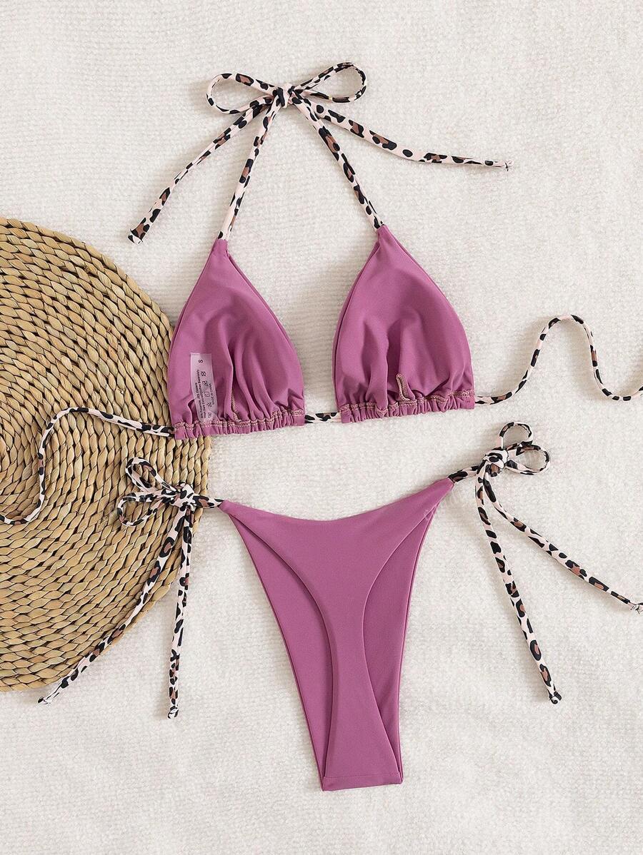 Leopar Desenli Boyundan Bağlamalı Bikini Takımı