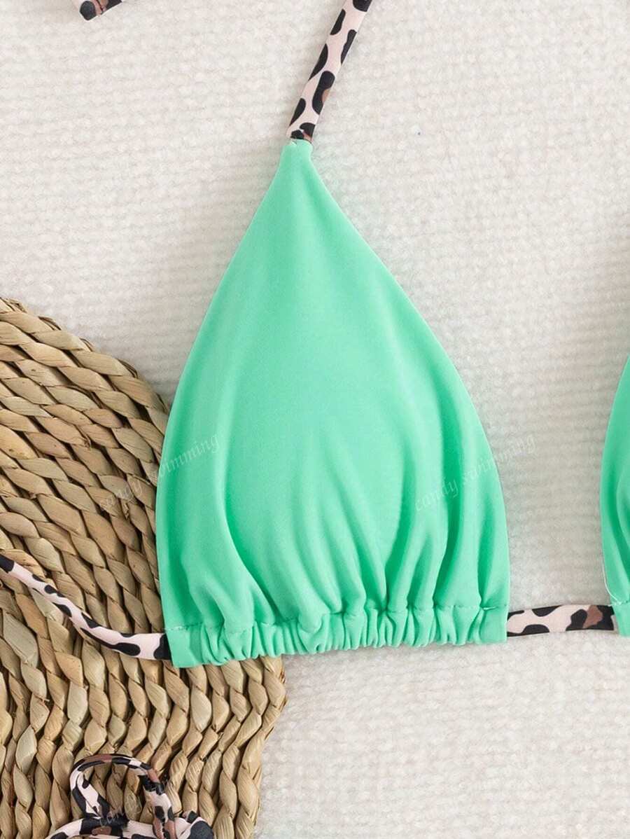 Leopar Desenli Boyundan Bağlamalı Bikini Takımı