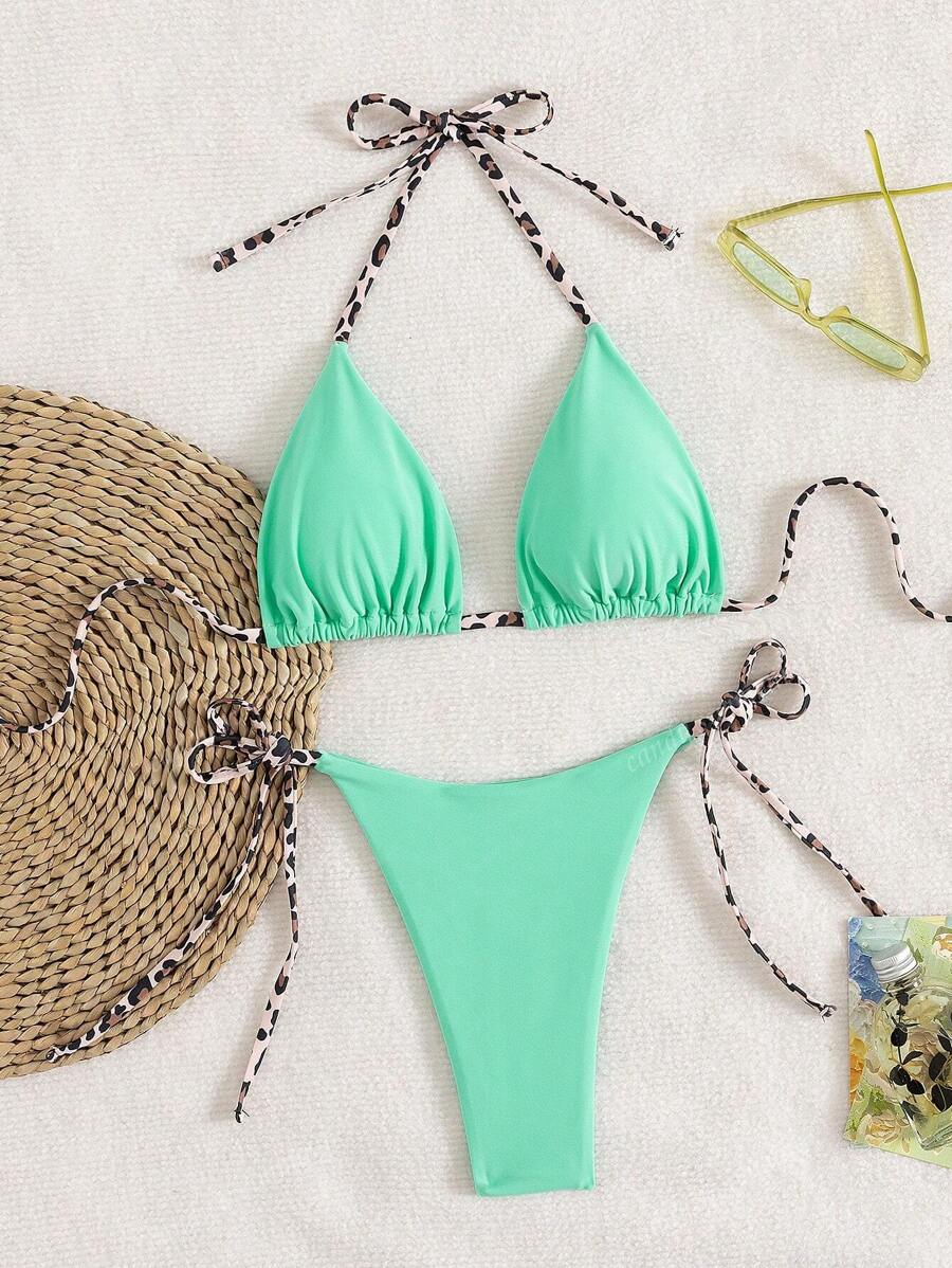Leopar Desenli Boyundan Bağlamalı Bikini Takımı