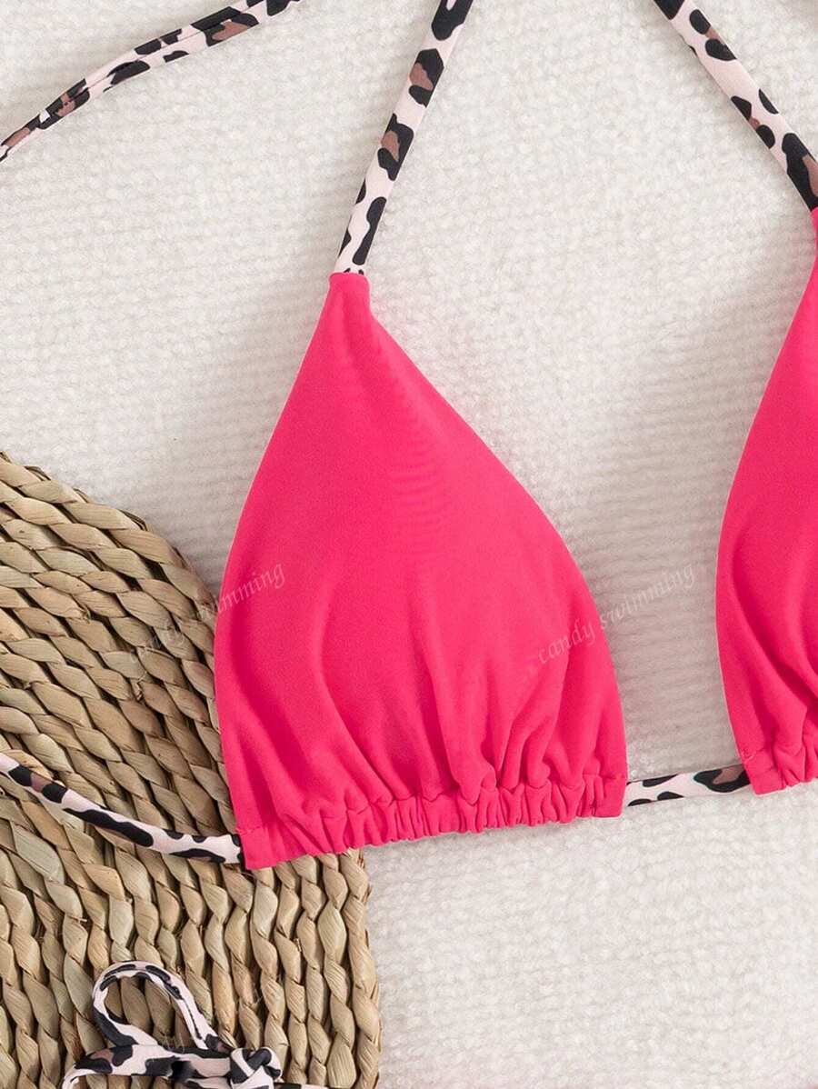 Leopar Desenli Boyundan Bağlamalı Bikini Takımı