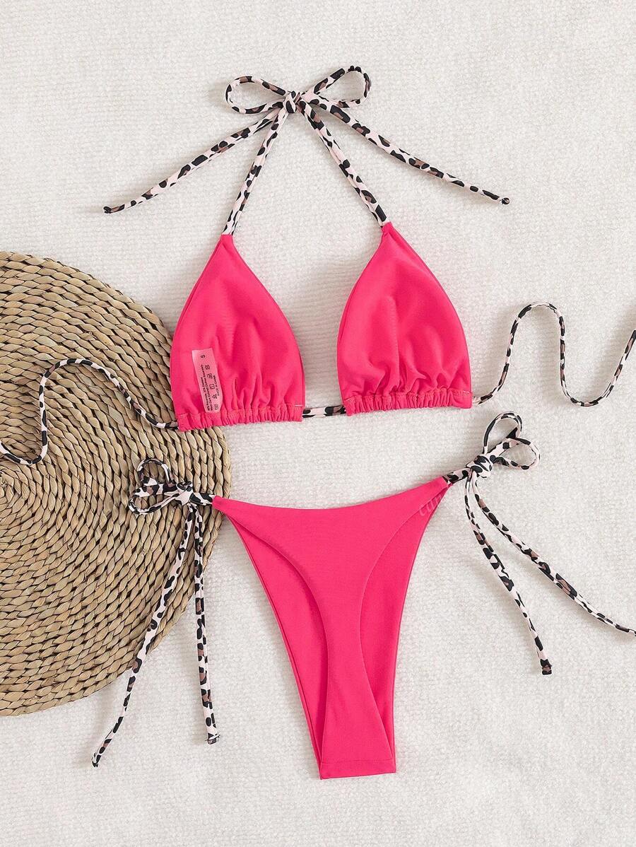 Leopar Desenli Boyundan Bağlamalı Bikini Takımı